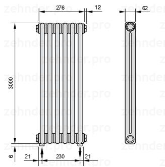 Схема (чертеж) Радиатор Zehnder Charleston 2300/6 №5310 Белый глянцевый RAL 9016